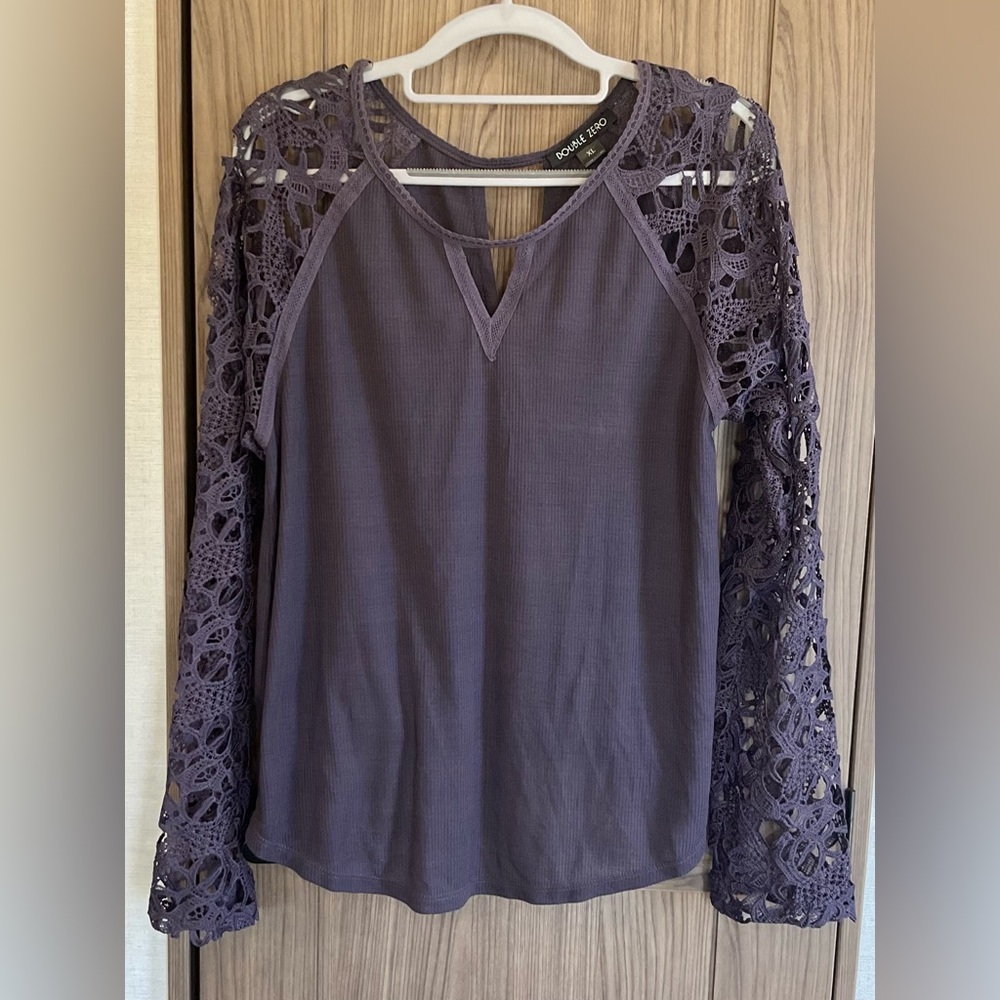 Double Zero Womens Lace Long Sleeve Open Back Purple Blouse Size XL